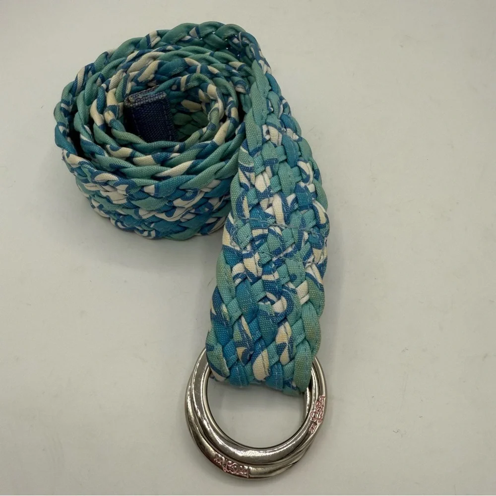 Lilly Pulitzer Woven Belt Braid silver D Ring Cotton Size Medium blue Aqua white